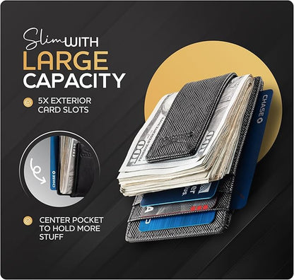 Claasico Men’s Leather Money Clip Wallet – Slim Front Pocket Wallet w/Super Strong Magnetic Clip, RFID Blocking, 5 Card Slots & Center Pocket + ID Window