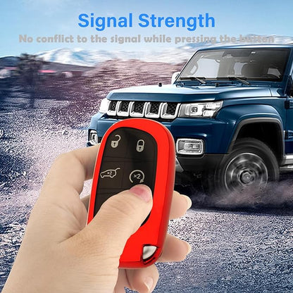 XIYANG TRADE for Jeep Key Fob Cover with Keychain,Soft TPU Key Case Shell Full Protection for Grand Cherokee Renegade Chrysler 200 300 Dodge RAM Durango Challenger Journey Dart Compass Charger(Red)