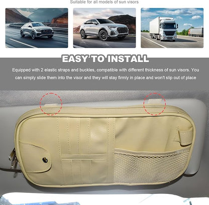 Car Sun Visor Organizer, Multi-Purpose Visor Storage Holder with Elastic Bands & Glasses Clip, Multi-Pocket Sunshade Organizer Soft Leather Storage Pouch for Car Truck SUV (Beige)