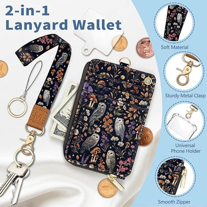 Lanyard Wallet with Id Badge Holder, Owl RFID Small Keychain Wallet Women Wristlet, Floral Zipper Credit Card Holder Phone Wrist Neck Strap for Key Name Tag, Teacher Student Office Gifts