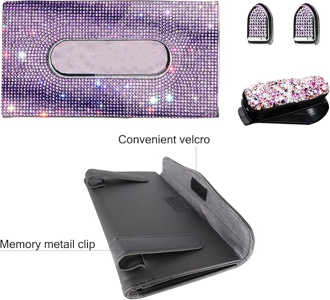 Car Visor Tissue Box Holder, Bling Crystals PU Leather Napkin Holder, Glitter Car Visor Accessories with Sparkly Mask Hook Clip for Women, Gift for Christmas Thanksgiving (Purple 4 pcs)