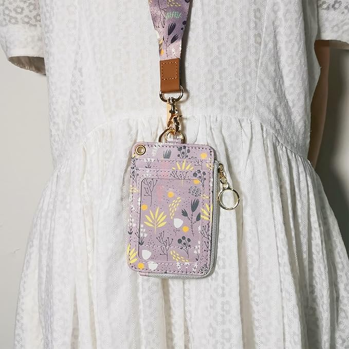 bolimoss Lanyard with Wallet,Zip ID Case with Lanyard,Lanyard Badge Holder,Lanyard Wallet for Women,Fashion Lanyard Wallet, ID Case Wallet with Lanyard（ Light Purple Gray ）