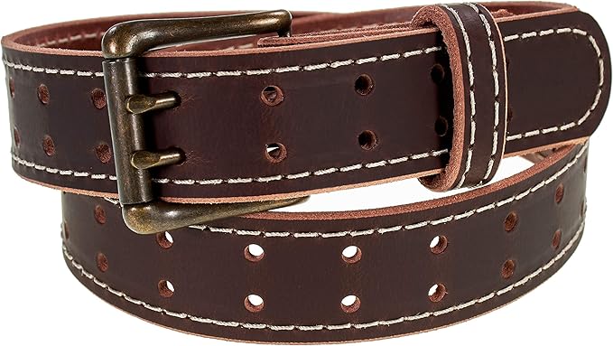 Men’s Classic Leather Belt, Double Prong Retro Style, Antique Brass Buckle, 1 ½” Width, Amish handmade in the USA