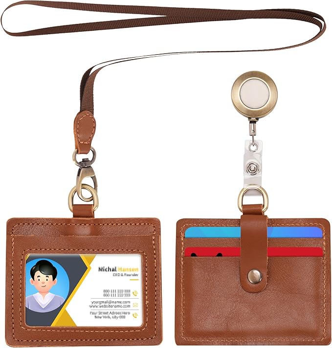 Wonderpool Leather Horizontal Badge Holder with Detachable Neck Lanyard and Retractable Badge Reel Clip, Card Slots Case ID Card Holder for ID Badges Card and Driver Licence (Brown)