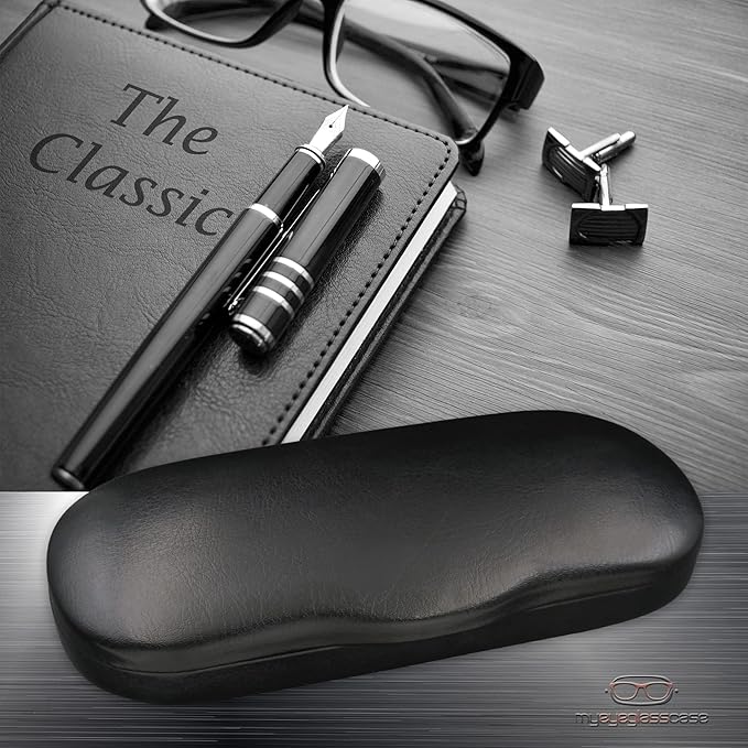 MyEyeglassCase Men's Medium Glasses Case - Classic Eyeglasses Hard Shell Holder, Elegant Easy Open Lip with Pouch and Cloth