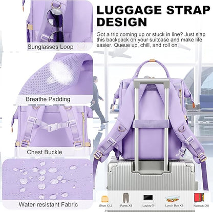 Lunch Backpack, 15.6 inch Laptop Backpack with Insulated Lunch Bag, Backpack Cooler for Women, Large Travel Backpack Lunch Box Compartment, Work Computer Backpack, Teacher College Book Bag, Purple