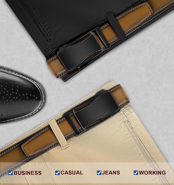 BULLIANT Mens Ratchet Belt,Leather Adjustable Slide Belt For Gift Mens Dress Casual 1 3/8",Size Adjustable