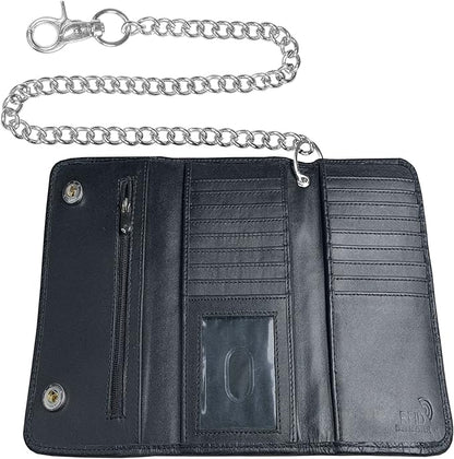 IBRO VINTAGE Motorcycle Chain Wallet for Men – Premium Cowhide Leather, RFID Tri-Fold Biker Wallet with Heavy Duty Chain for Bikers Truckers & Hunters, Credit Card Money Organizer Long Wallet | Long Trifold, RFID Blocking, Men's, Trucker Biker