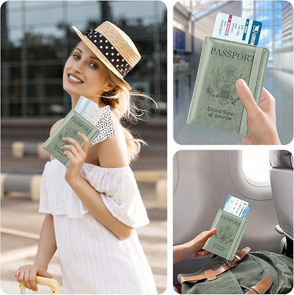 ACdream RFID BLOCKING Passport Holder Travel Wallet, Premium PU Leather Cover Passport Book with Card Holder, Pen Holder, Keep Organization, and Travel Essentials for Women/Men, Agave Green