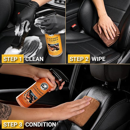 Car Leather Cleaner and Conditioner Kit, Leather Care Cleaning Kit with Horse Hair Cleaning Brush - Safe for Car Interiors, Furniture, Boots, Bags & Apparel - Deep Cleaning, Non-Greasy Restorer