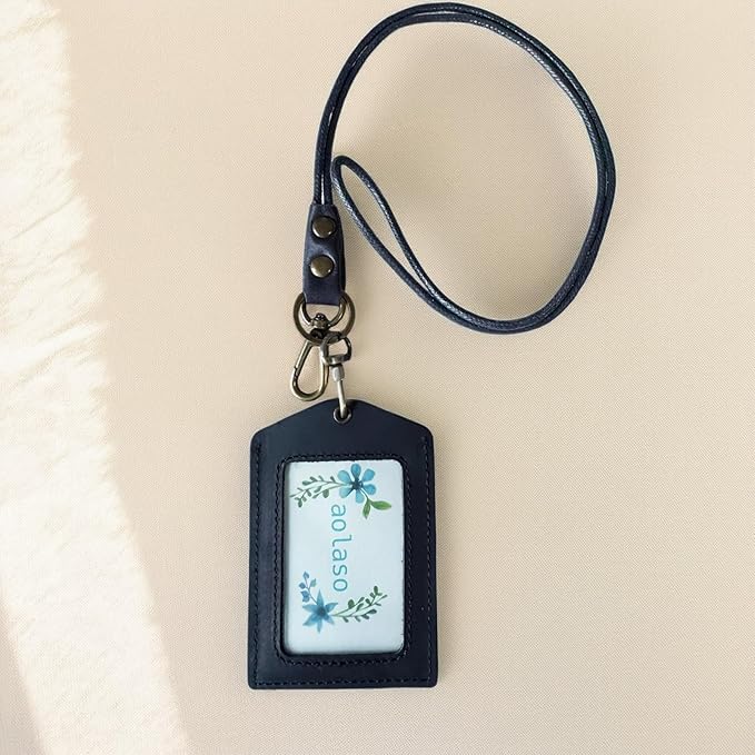 Badge Holder Vertical Handmade Leather ID Card Badge Holder Keychain with Heavy Duty Lanyard for Men Women (Black Leather)