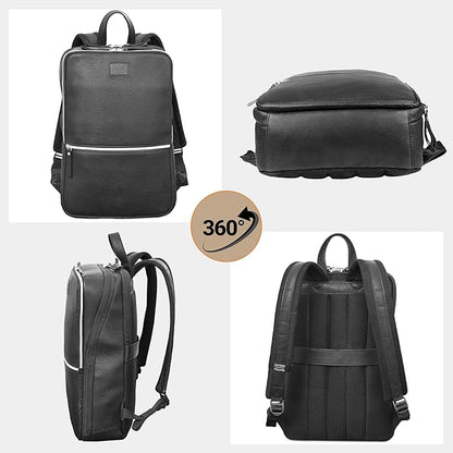 LEATHER VILLAGE Leather Laptop Backpack for Men | Black | Slim Professional Business Bag Fits 15.6”-Laptop | Water-Repellent Work & Travel Daypack with Trolley Strap