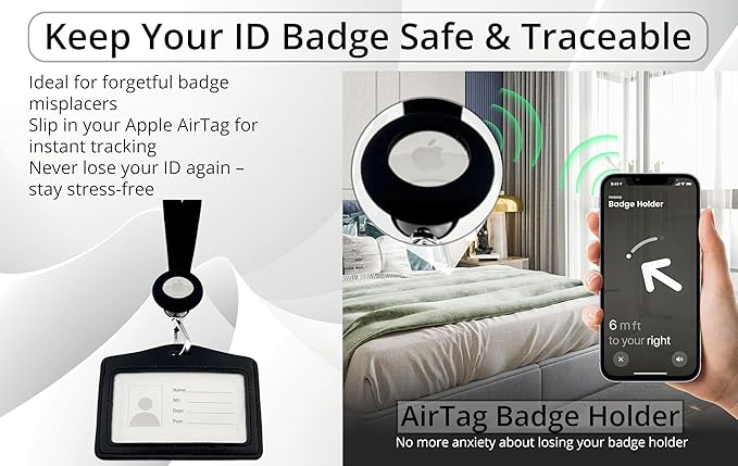 Lanyard for Id Badge Reel with AirTag Holder – Apple AirTag Compatible Plastic ID Badge Tracker for Safety – Easy Access, Secure & Stylish ID Badge – Black