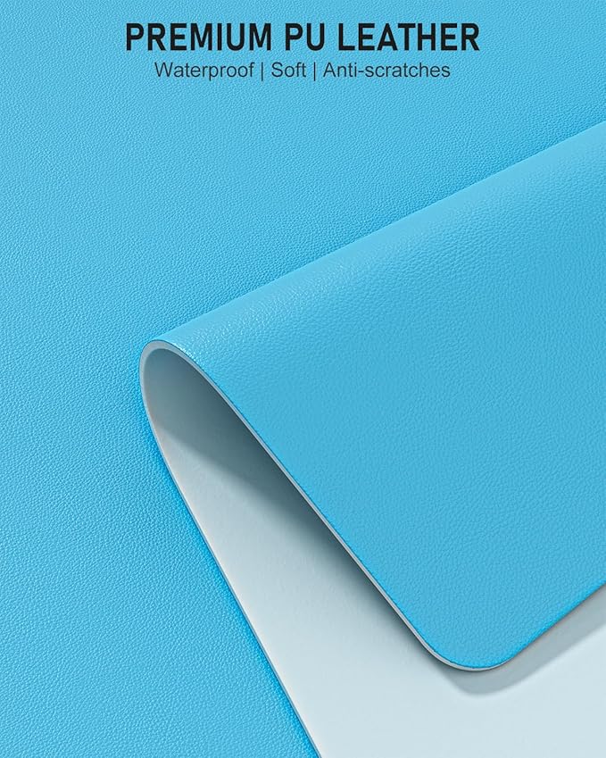 Desk Pad, 35.5" x 17" PU Leather Non-Slip Desk Mat Large Mouse Pad for Desktop, Waterproof Laptop Computer Writing Mat for Office, Home, Work, Gaming, Aqua Blue