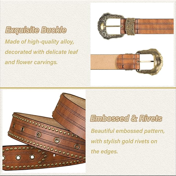 Mealah Vintage Western-Cowboy-Belt for Women Men - Carved Buckle PU Leather Waist Belts (for Waist 28"-38")