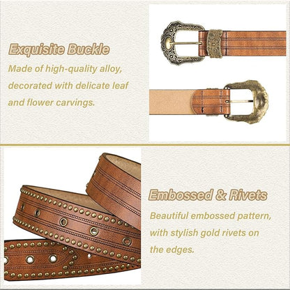 Mealah Vintage Western-Cowboy-Belt for Women Men - Carved Buckle PU Leather Waist Belts (for Waist 28"-38")