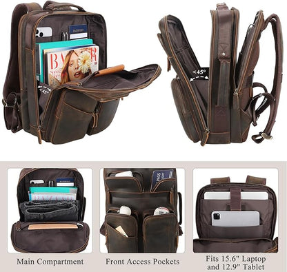 TIDING Full Grain Leather 15.6" Laptop Backpack for Men Multi Pockets Casual Daypack Business Travel Rucksack