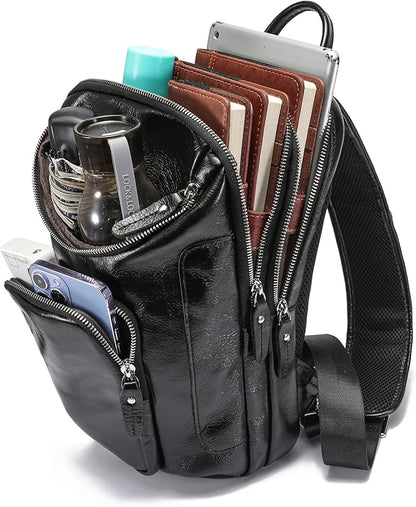 LANNSYNE Vintage Full Grain Leather Sling Bag Crossbody Chest Daypack | Vintage, Full Grain, Leather, Chest