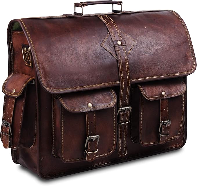 Vintage Leather Laptop Bag for Men Full Grain Large Leather Messenger bag for men 18 inches with rustic look Brown briefcase (Brown)