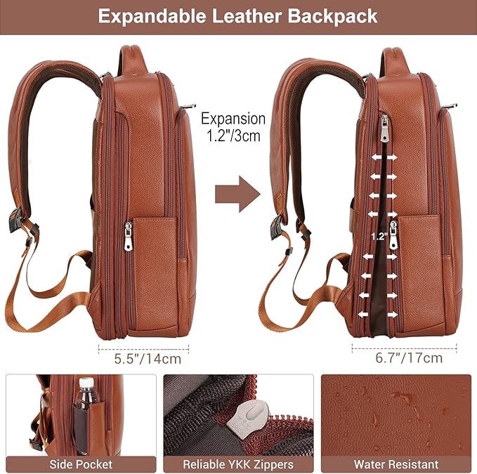 TIDING Expandable Leather 15.6" Laptop Backpack for Men Women, TSA Friendly Business Travel Rucksack Slim Work Casual Daypack