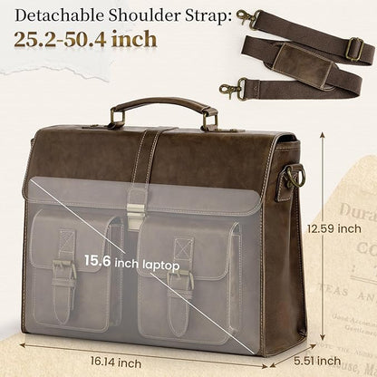 RAINSMORE Mens Messenger Bag 15.6 Inch Leather Vintage Laptop Briefcase Waterproof Computer Laptop Bag Leather Satchel Bag Large Shoulder Bag for Office Work Travel College, DarkBrown