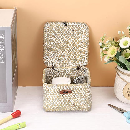 Hipiwe Handwoen Seagrass Basket with Lid Key Holder Box for Entry Decorative Mini Shelf Basket, Whitewash 3.5" x 3.5" x 2"