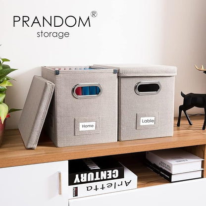 PRANDOM File Organizer Box - Set of 4 Collapsible Decorative Linen Filing Storage Hanging File Folders with Lids Office Cabinet Letter Size Light Grey (14x9.3x10.8 inch)