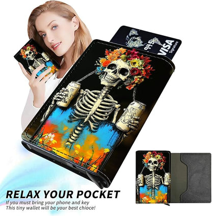 Minimalist Wallet for Men's Card Holders, Pop-Up Card Case Durable Wallets for Women, Leather Automatic Credit Card Holder with Metal Money Clip RFID Blocking Bifold Pocket, Watercolour Skull
