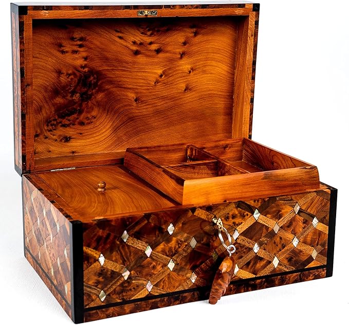 HandCarved Wooden Box with Hinged Lid Multipurpose Keepsake Jewelry Decorative Art Decorative Wood Walnut Box with lids- Storage Organizer Antique (Mother of pearl XX-large)