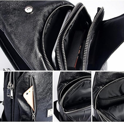 Small Sling Bag Crossbody Backpack Over the Shoulder Bag for Men Women Travel Outdoors, Lightweight Sling Chest Pack (Large, Pu leather)