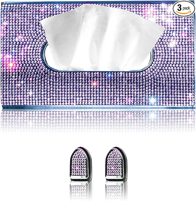 Purple Car Visor Tissue Box Holder, Bling Crystals PU Leather Napkin Holder, Glitter Car Visor Accessories with Sparkly Mask Hook Clip for Women, Gift for Christmas Thanksgiving (Purple 3 pcs)