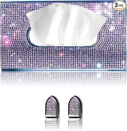 Purple Car Visor Tissue Box Holder, Bling Crystals PU Leather Napkin Holder, Glitter Car Visor Accessories with Sparkly Mask Hook Clip for Women, Gift for Christmas Thanksgiving (Purple 3 pcs)