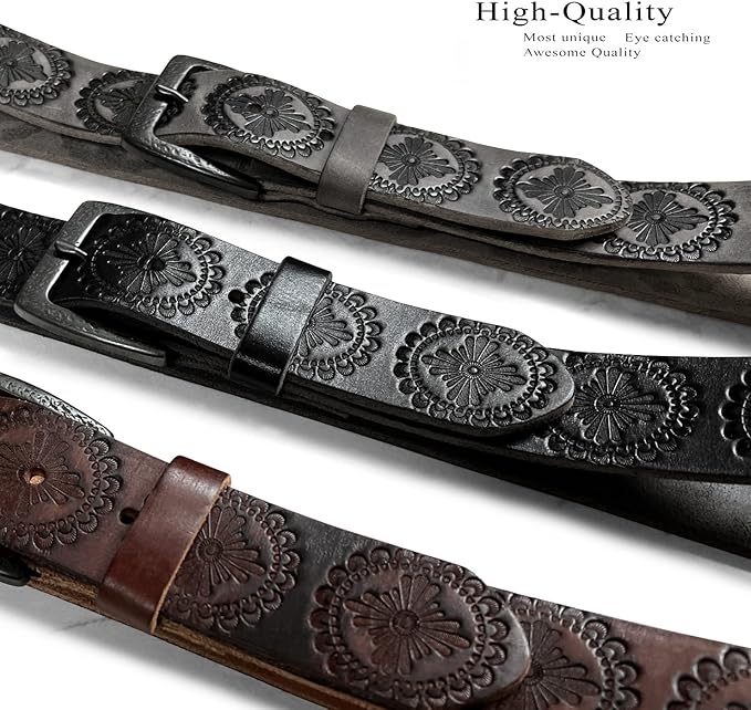 Cowboy Cowgirl Western Tooled Floral Embossed Full Grain Genuine Leather Belt Strap 1-1/2"(38mm) Wide