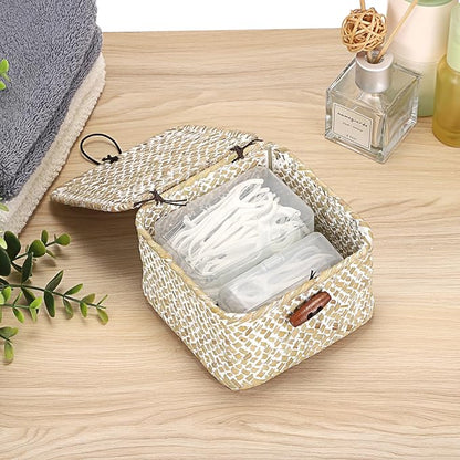 Hipiwe Handwoven Seagrass Basket Decorative Shelf Basket with Lid Mini Wicker Storage Box for Key Hair Ties, Whitewash 4.7" x 4.7" x 3"
