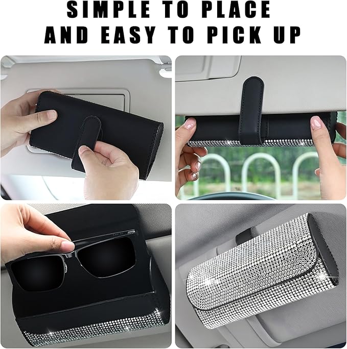 Ohleats Bling Sunglasses Holder for Sun Visor, Sparkling Glasses Sun Visor Organizer Case with Hidden Magnetic Closure, Auto Visor Crystal Eyeglasses Storage Case, Car Accessories (Bling Pink)