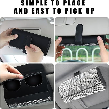 Ohleats Bling Sunglasses Holder for Sun Visor, Sparkling Glasses Sun Visor Organizer Case with Hidden Magnetic Closure, Auto Visor Crystal Eyeglasses Storage Case, Car Accessories (Bling Blue)