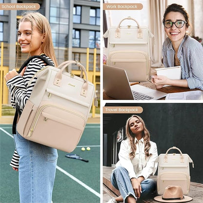 LOVEVOOK Leather Backpack for Women, 17 inch Laptop Backpack, Professional Work & Travel Bag, Beige-Flesh Beige
