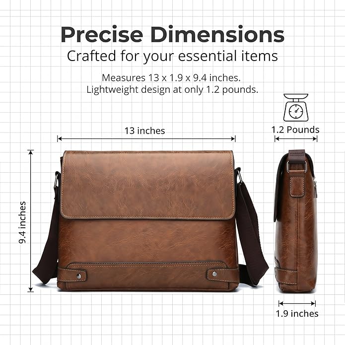 Vintage PU Leather Mens Messenger Bag - Slim Crossbody Shoulder Bag for Work, Travel & Daily Commute Casual Tablet Satchel