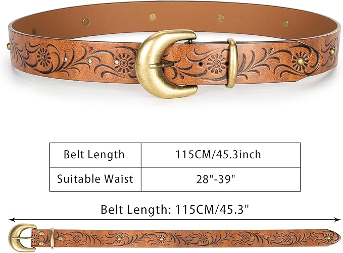 Mealah Vintage Western-Cowboy-Belt for Women Men - Carved Buckle PU Leather Waist Belts (for Waist 28"-38")