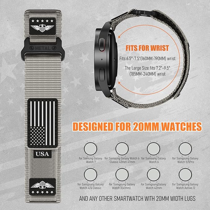 20mm Band Compatible with Samsung Galaxy Watch 7 6 5 4 FE Band 44mm 40mm/Watch 6 4 Classic 47mm 43mm 42mm 46mm/5 Pro 45mm/3 41mm/Active 2 Men,Fabric Nylon Strap for Garmin Vivoactive 5 3/Venu,L