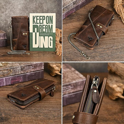 Genuine Crazy Horse Leather Travel Gift Coin Pocket Card Case Long Organizer Chain Rfid Wallet Purse With Snap For Men Male 1803 1815 (1803 Coffee)