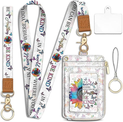 Lanyard Wallet with Id Badge Holder, Be Kind RFID Small Keychain Wallet Women Wristlet, Cute Zipper Credit Card Holder Phone Wrist Neck Strap for Key Name Tag, Teacher Student Office Gifts