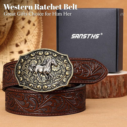 SANSTHS Western Cowboy Ratchet Belts for Men Women Leather Cowboy Belt with Automatic Western Buckle for Jeans Gifts