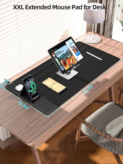 Mouse Pad with Magnetic Wireless Charging & Adjustable Phone Stand, 31.5"x15.8" Extended Desk Mat, Waterproof Ultra-Smooth Keyboard Pad, Non-Slip Base, with 20W PD Adapter, Black