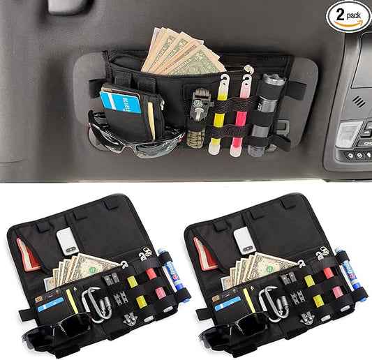 2 Pack Car Sun Visor Tactical Organizer Bag with Attachable ID Pouch,Molle Visor Panel Organizer with Zipper & Elastic Strap for Holding Sunglass Compatible with All Car