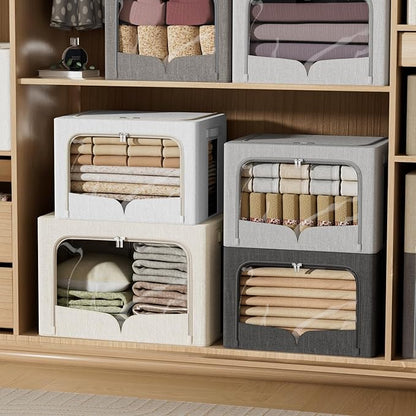 FHSQX 3 Pack Clothes Storage Bins Foldable Metal Frame Storage Box Stackable Linen Fabric Organizer Set with Carrying Handles and Clear Window (Beige, 15.7x11.8x7.8inch(22L))