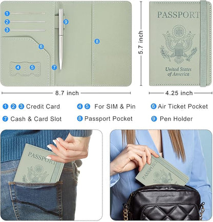 ACdream RFID BLOCKING Passport Holder Travel Wallet - Premium PU Leather Cover Passport Book with Card Holder, Pen Holder, Keep Organization, and Travel Essentials for Women and Men, Agave Green