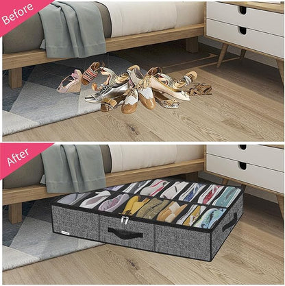 Onlyeasy Sturdy Under Bed Shoe Storage Organizer Fit 8 to 16 Pairs, Collapsible Closet Underbed Shoes Container Bags with Reinforced Handles, 37.7x23.6x5.9in, Linen-like Black, MXAUBS16P1