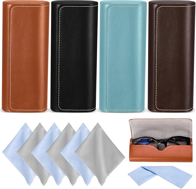 4Pack Glasses Case, Eyeglasses Case Hard Shell, Lightweight Portable Case for Sunglasses Eye Glasses Case with Cleaning Cloth Unisex Black,Blue,Brown,Maroon
