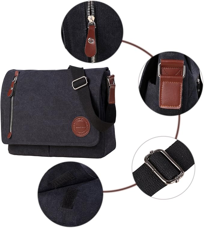 Mactso Vintage Canvas Messenger Bag for Men Women, 13.5 Inch Laptop Satchel Shoulder Bag with Multiple Pockets, Crossbody Bag for Work Travel College (Black)
